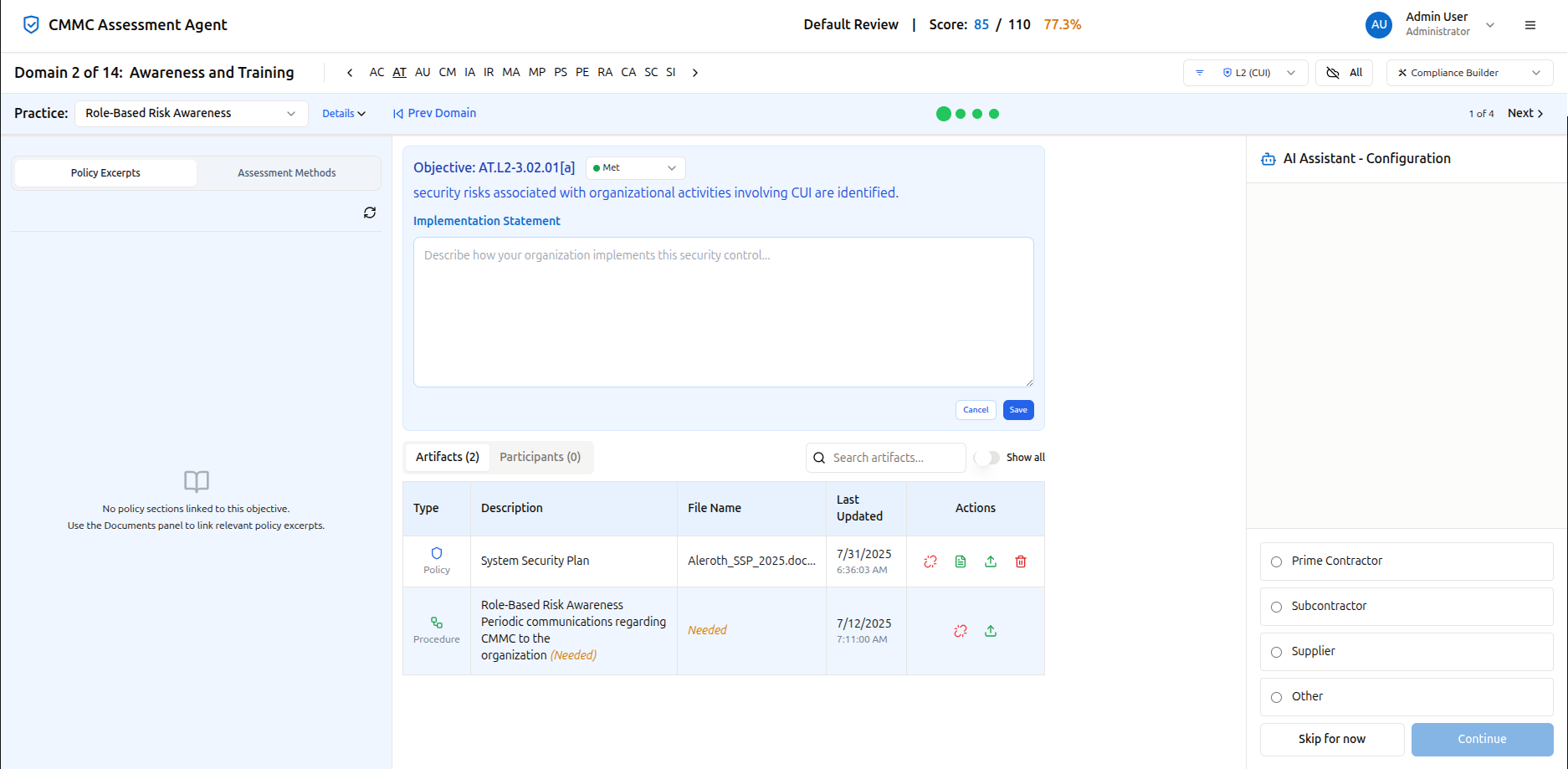 NistAgent dashboard showing compliance status, evidence tracking, and readiness scoring